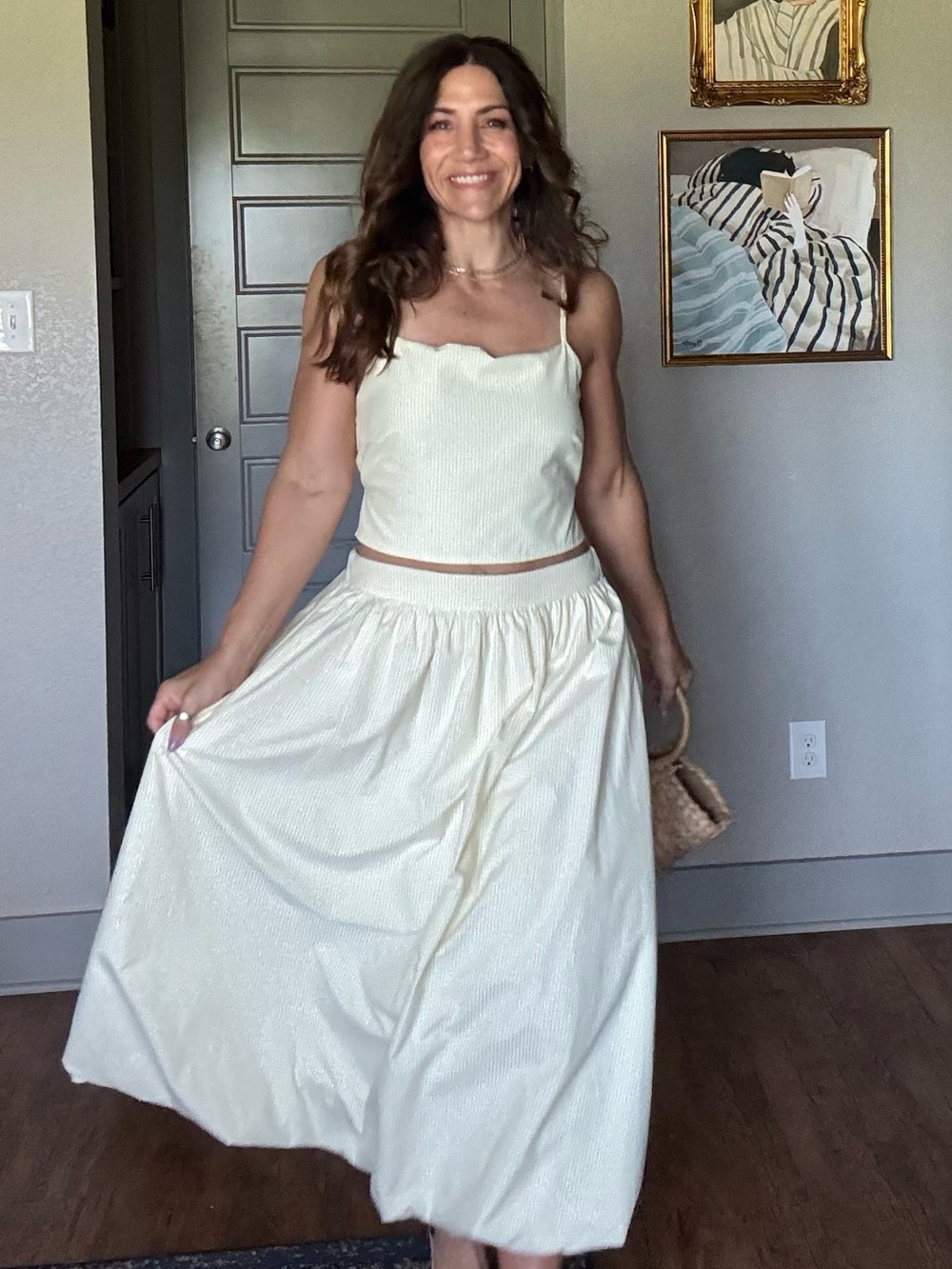 Le Lis Yellow and White Striped Apron Top/Maxi Bubble Skirt Set